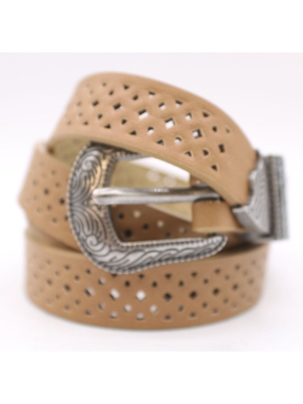 Madden Girl Size Small Tan Laser Belt Engraved Silver-Tone Buckle Western Dress